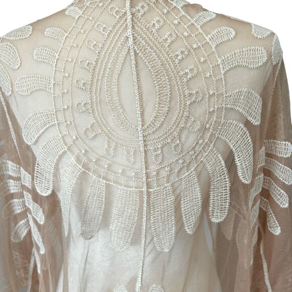 Rebellion Boho Open Duster Swim Cover Medium Tan Cream Floral Embroidery Sheer - Picture 3 of 16